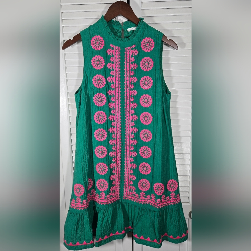 THML Green Pink Embroidered Detail Sleeveless Boho Ruffle Hem Dress Sz S